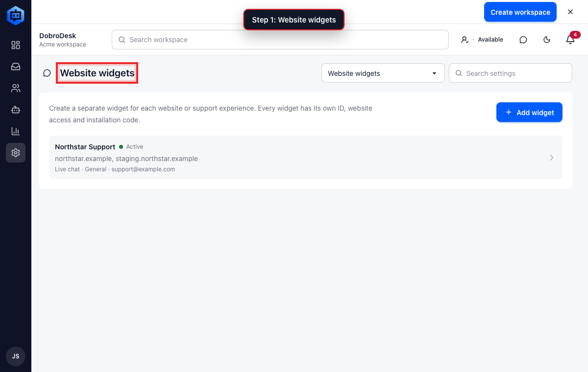 Додайте дозволені домени для віджета: Додайте адреси в DobroDesk, 1. Відкрийте Admin > Channels > Website widgets і виберіть віджет, який потрібно оновити.