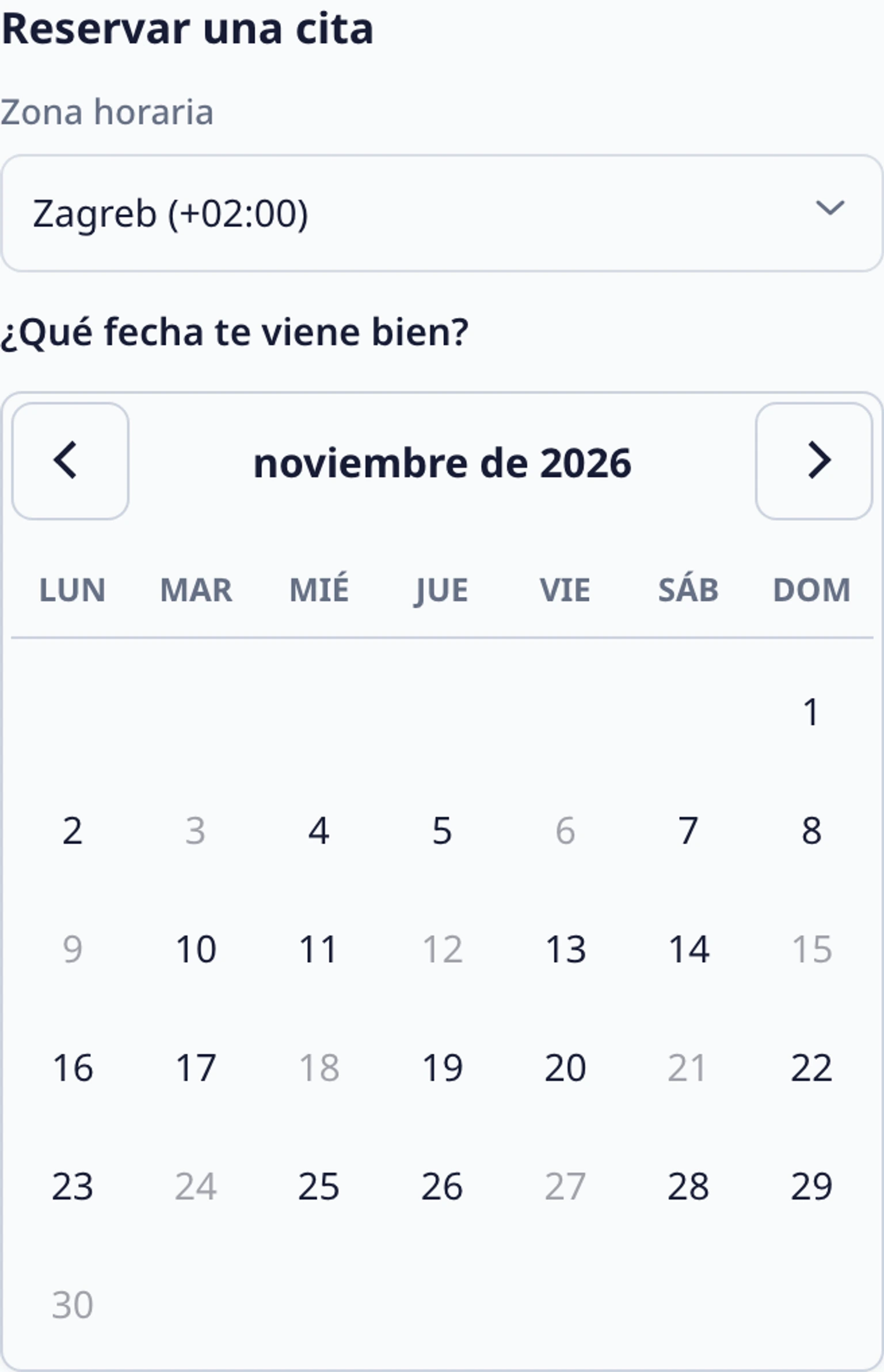 Reserva una cita en el widget del sitio web: Elige una fecha, hora y región, 2. Elige una de las fechas más cercanas con horas disponibles. Cambia de mes si las primeras fechas no te sirven.
