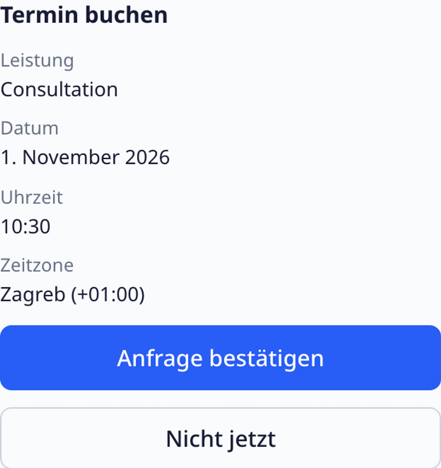 Einen Termin im Website-Widget buchen: Die Buchung vor dem Fortfahren prüfen
