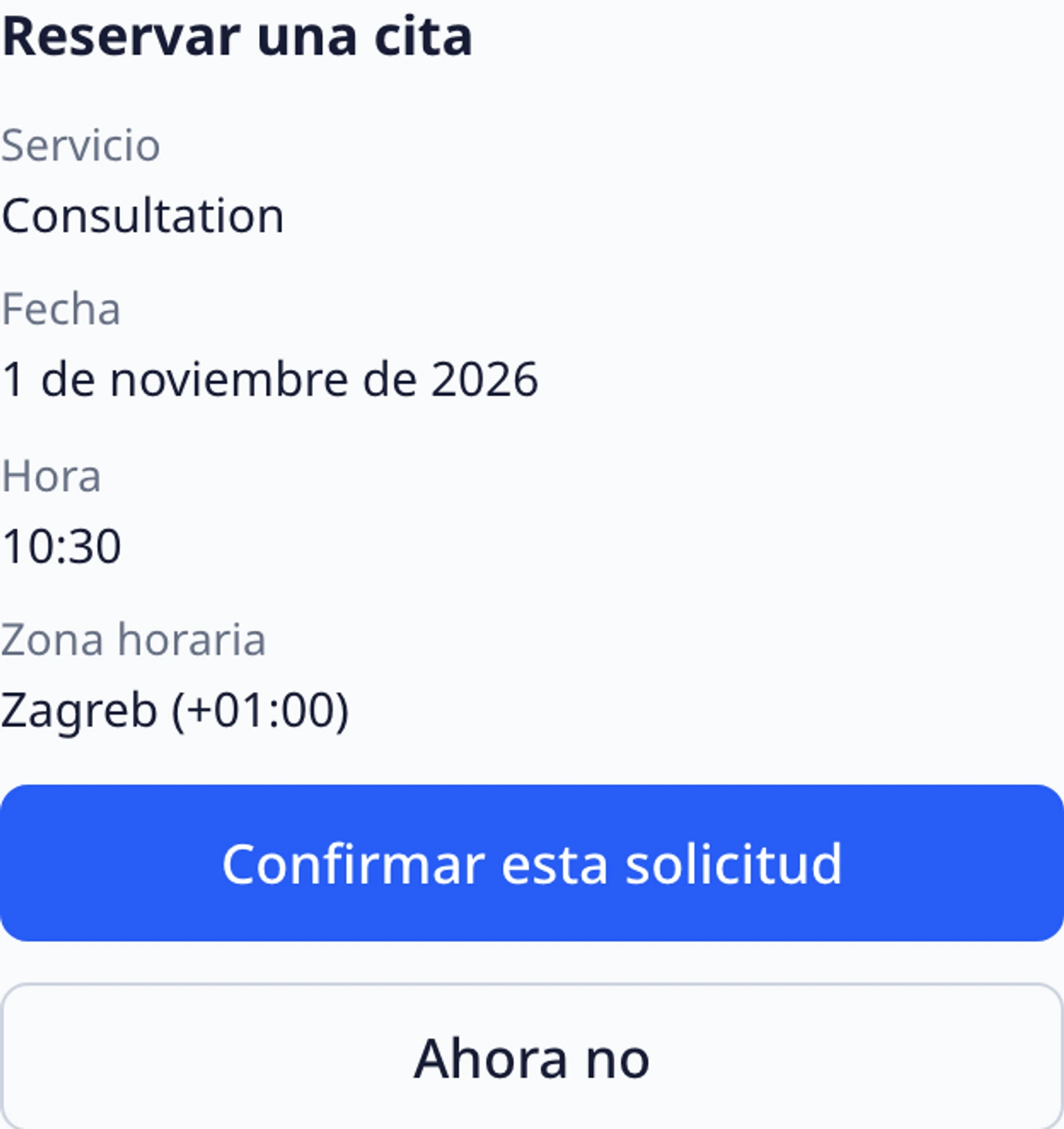 Reserva una cita en el widget del sitio web: Revisa la reserva antes de continuar