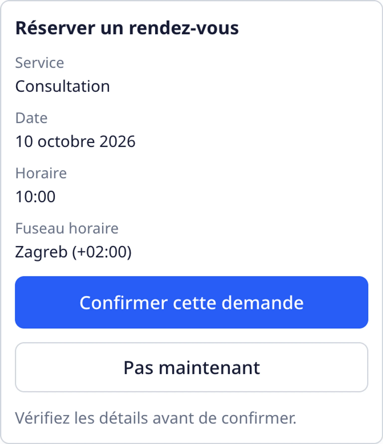 Prendre rendez-vous dans le widget du site: Vérifier la réservation avant de continuer