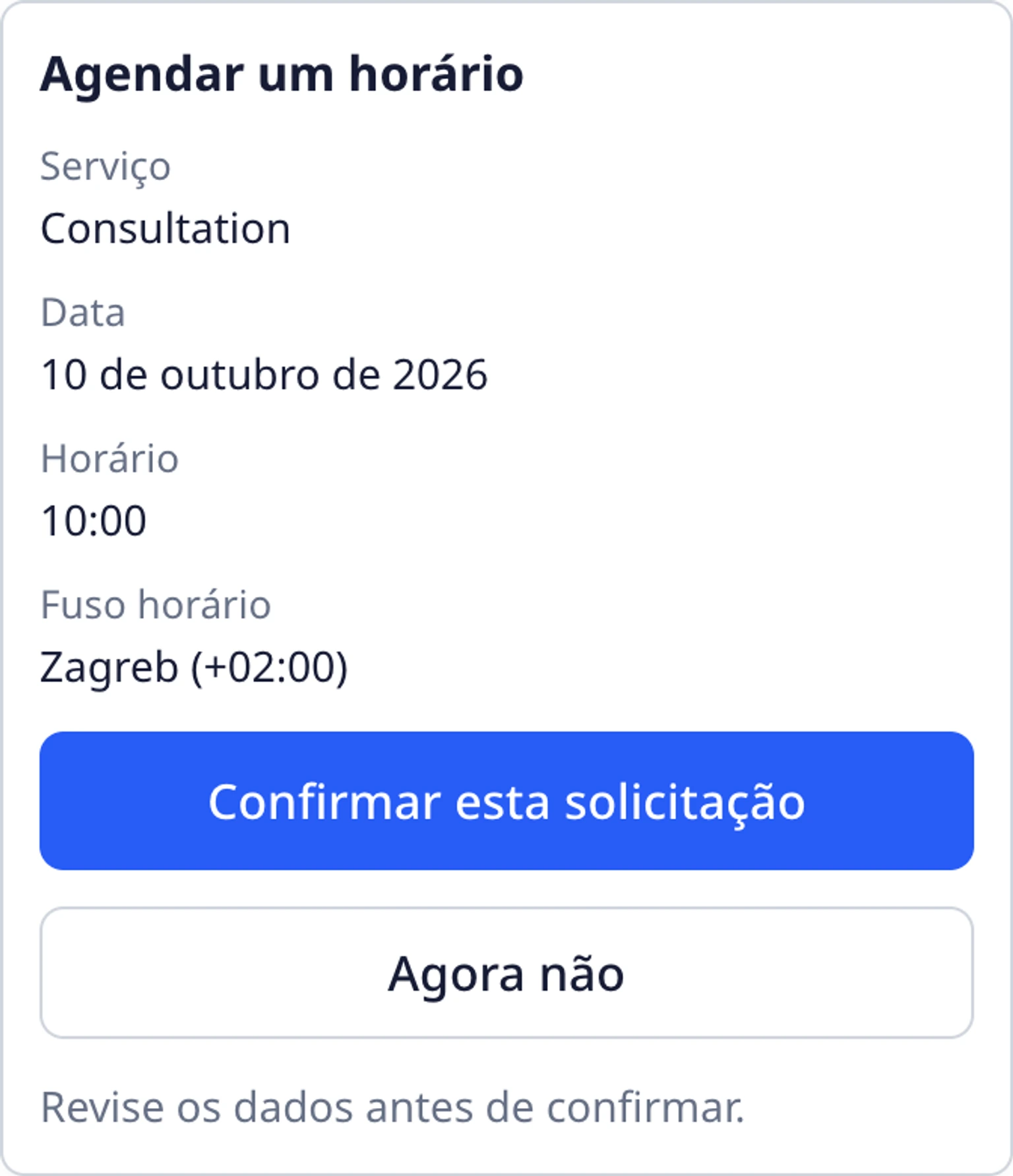 Agendar um horário no widget do site: Revisar a reserva antes de continuar
