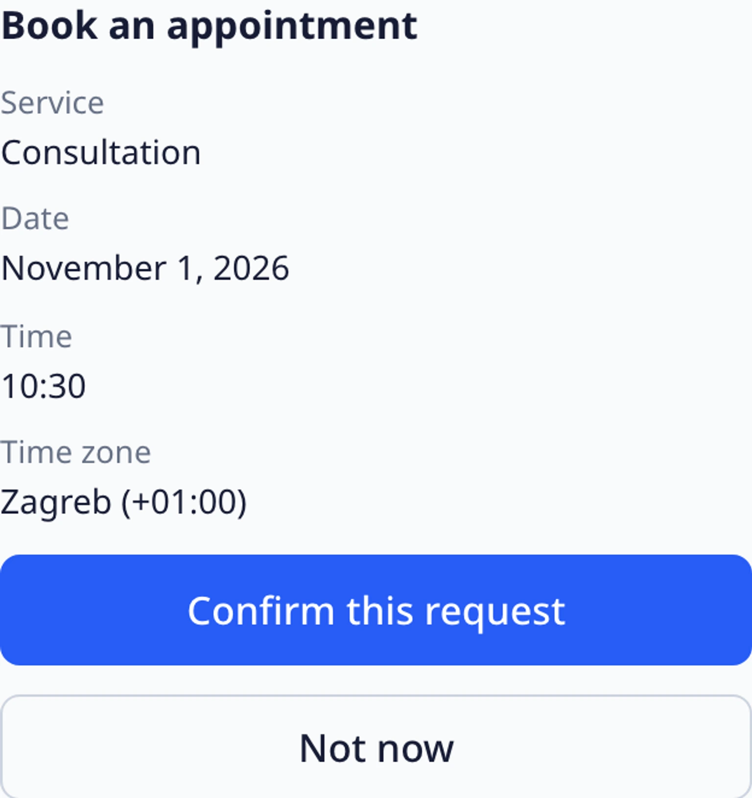 Book an appointment in the website widget: Review the booking before continuing