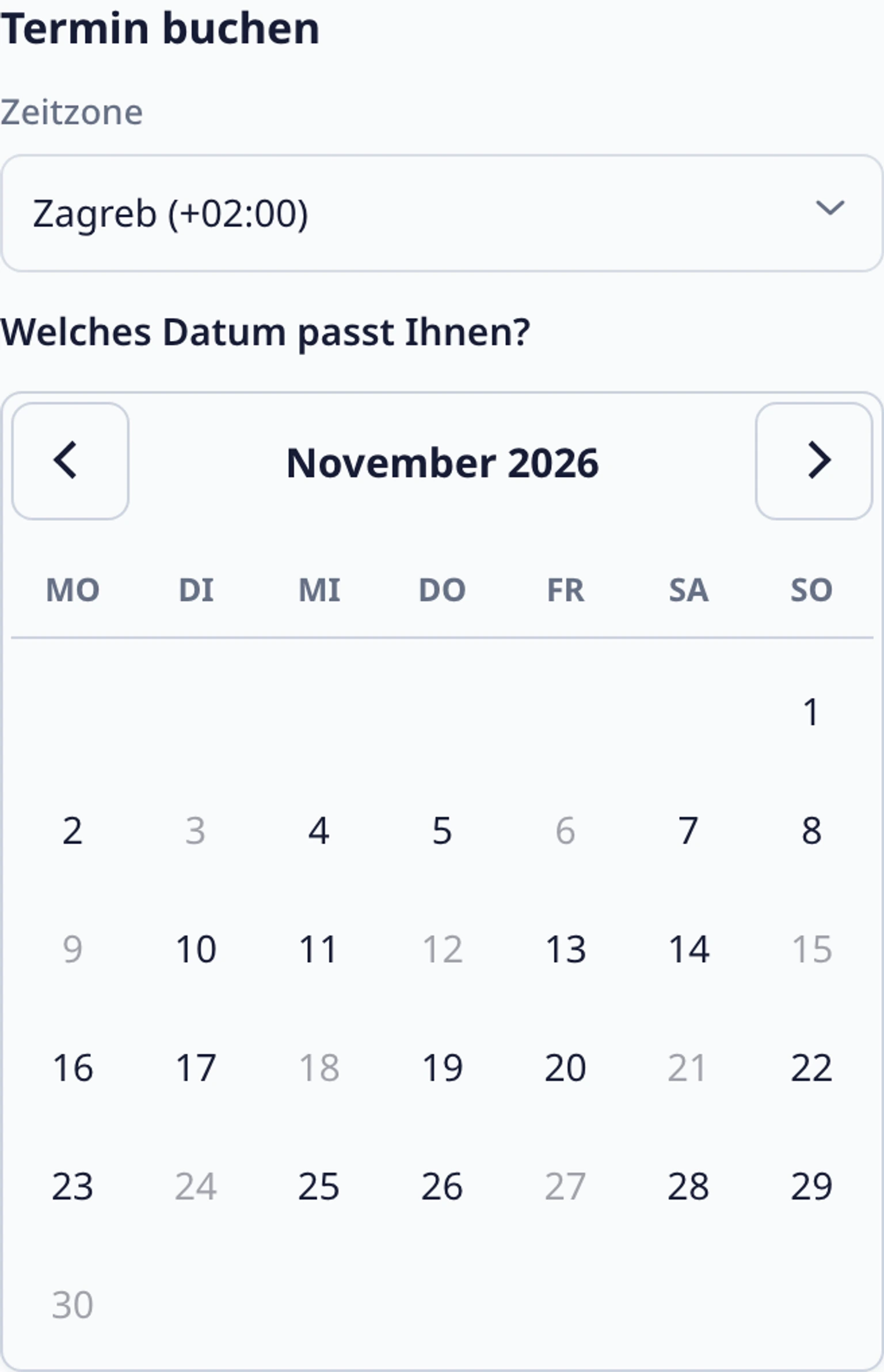 Einen Termin im Website-Widget buchen: Tag, Uhrzeit und Region auswählen, 1. Öffnen Sie das Website-Widget und starten Sie den Buchungsablauf. Wählen Sie den gewünschten Service, wenn das Widget danach fragt.