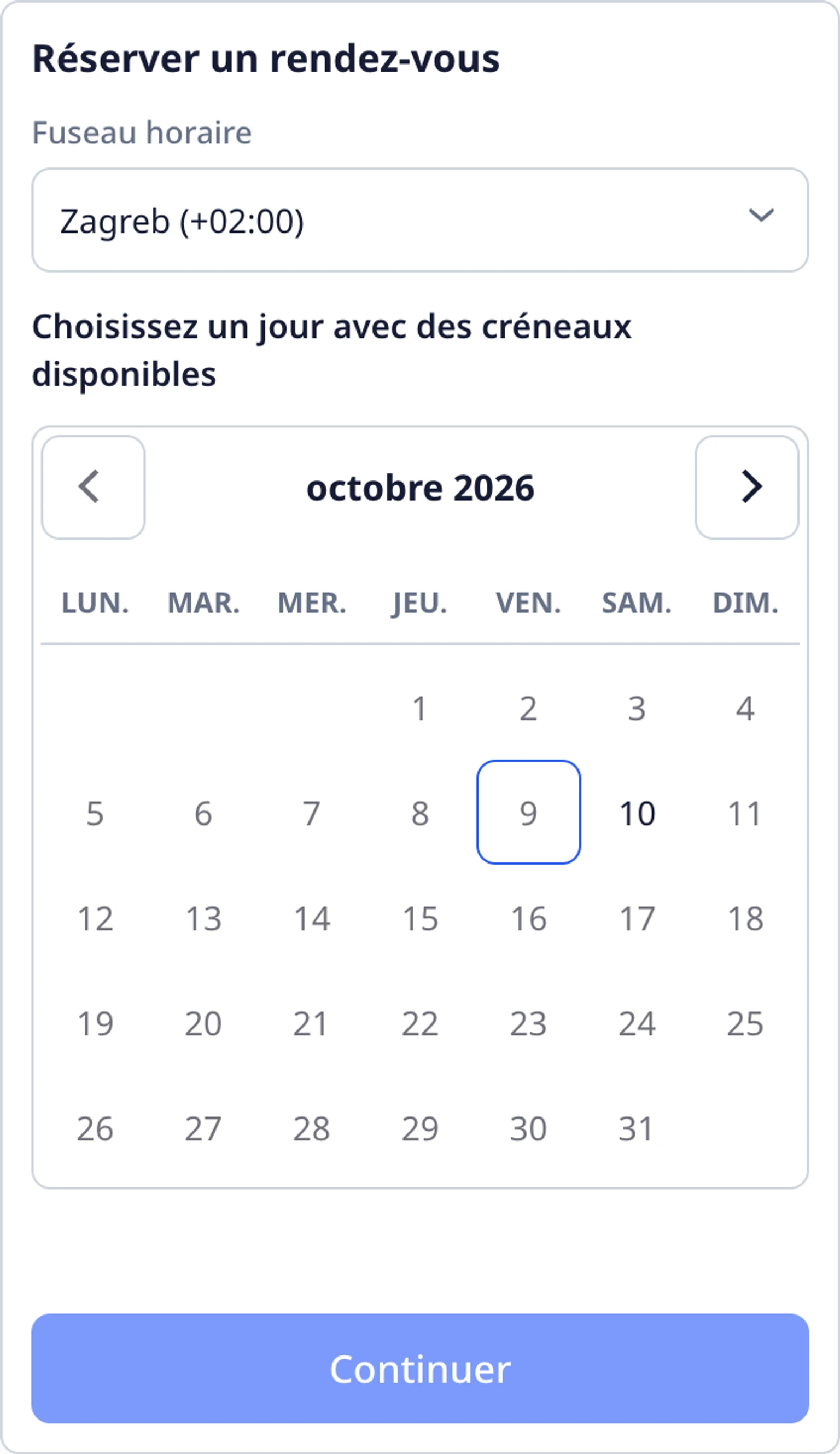 Prendre rendez-vous dans le widget du site: Choisir une date, une heure et une région, 1. Ouvrez le widget du site et démarrez le parcours de rendez-vous. Choisissez le service lorsque le widget vous demande quel rendez-vous est nécessaire.
