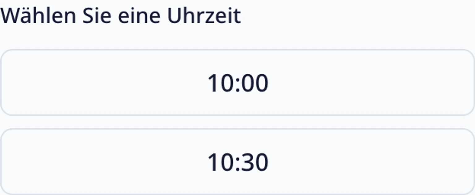 Einen Termin im Website-Widget buchen: Tag, Uhrzeit und Region auswählen, 4. Wählen Sie eine freie Uhrzeit. Termin und Zeitzone bleiben zusammen, damit die Bedeutung der gewählten Zeit klar bleibt.