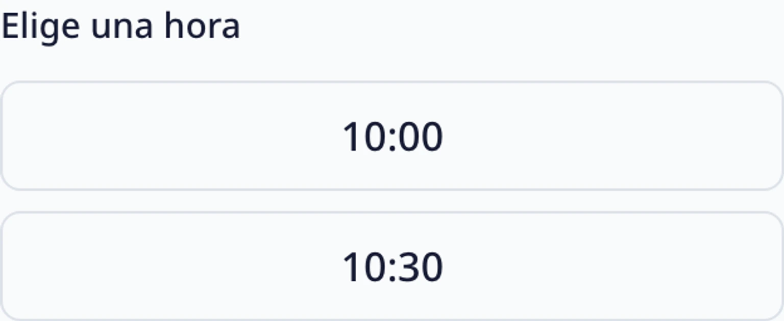 Reserva una cita en el widget del sitio web: Elige una fecha, hora y región, 4. Elige una hora disponible. La hora y su zona permanecen juntas para que sepas qué significa la cita en tu hora local.