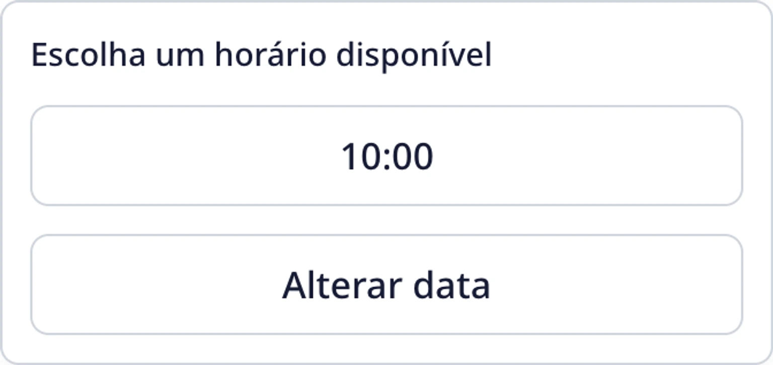 Agendar um horário no widget do site: Escolher uma data, hora e região, 4. Escolha um horário disponível. O horário e seu fuso permanecem juntos para que você confira o significado do agendamento no seu horário local.