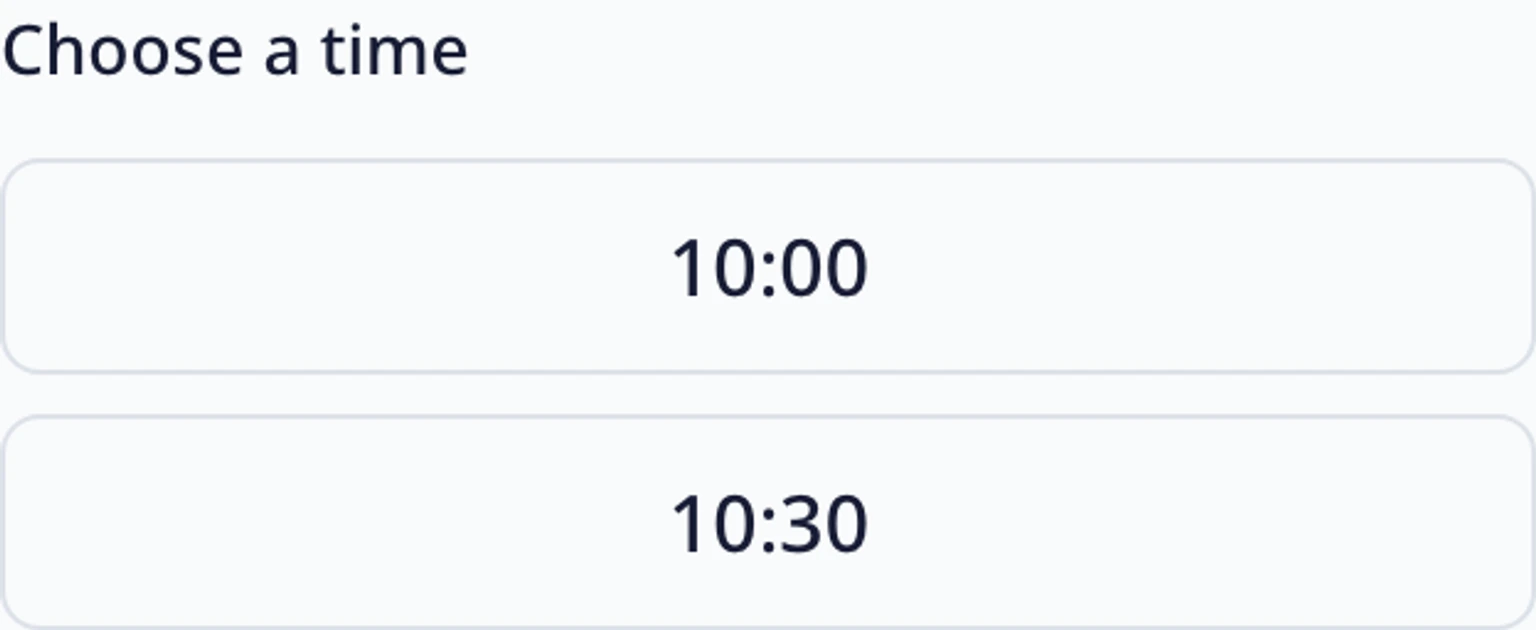 Book an appointment in the website widget: Choose a date, time and region, 4. Choose an available time. The slot and its time zone stay together so you can check what the appointment means in your local time.