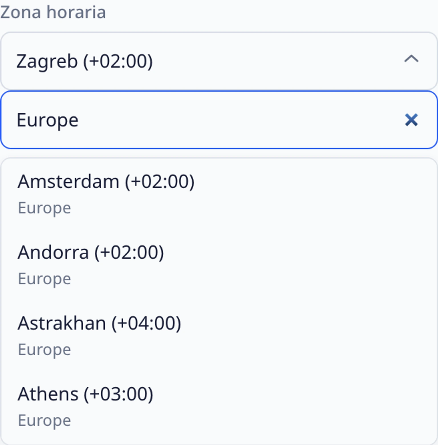 Reserva una cita en el widget del sitio web: Elige una fecha, hora y región, 3. Abre el selector de zona horaria y busca por región o ciudad, por ejemplo Zagreb. Elige la opción correspondiente con su diferencia actual en horas, como Zagreb (+02:00).