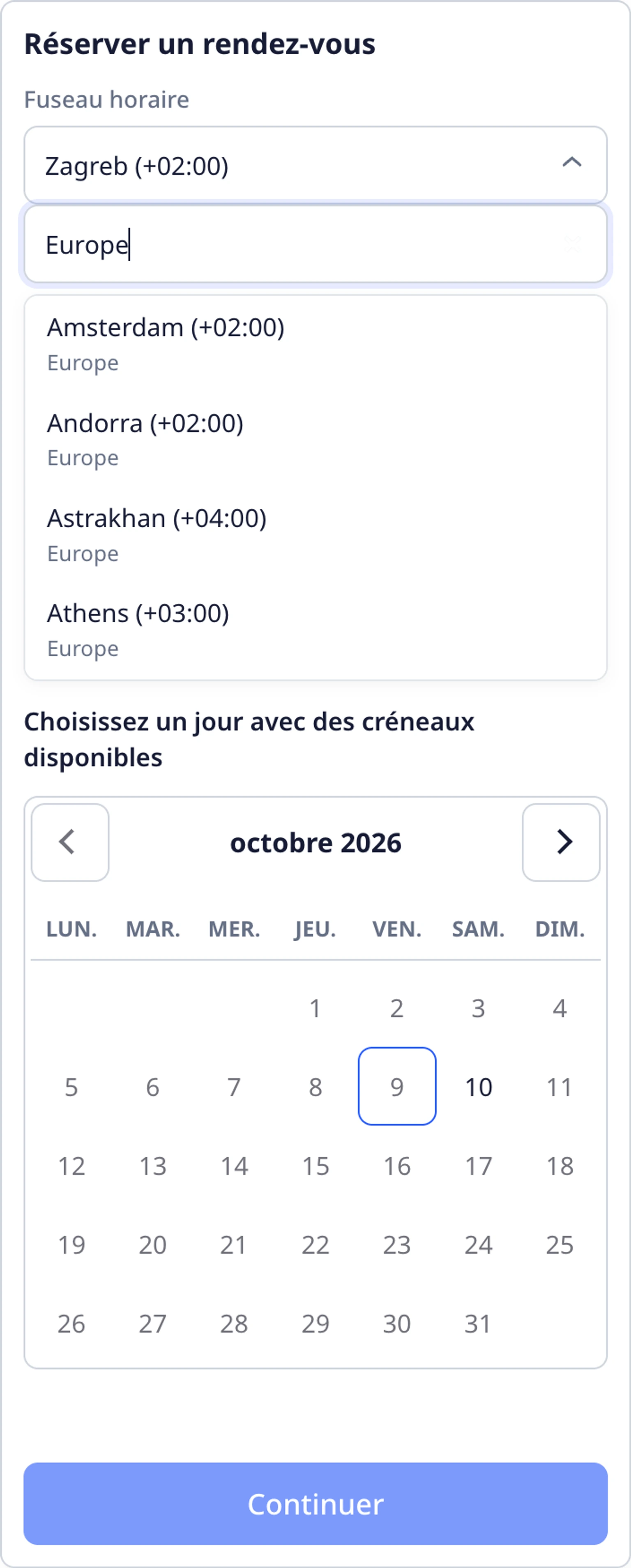 Prendre rendez-vous dans le widget du site: Choisir une date, une heure et une région, 3. Ouvrez le sélecteur de fuseau horaire et recherchez une région ou une ville, par exemple Zagreb. Sélectionnez l'option correspondante avec son décalage + ou - actuel, comme Zagreb (+02:00).