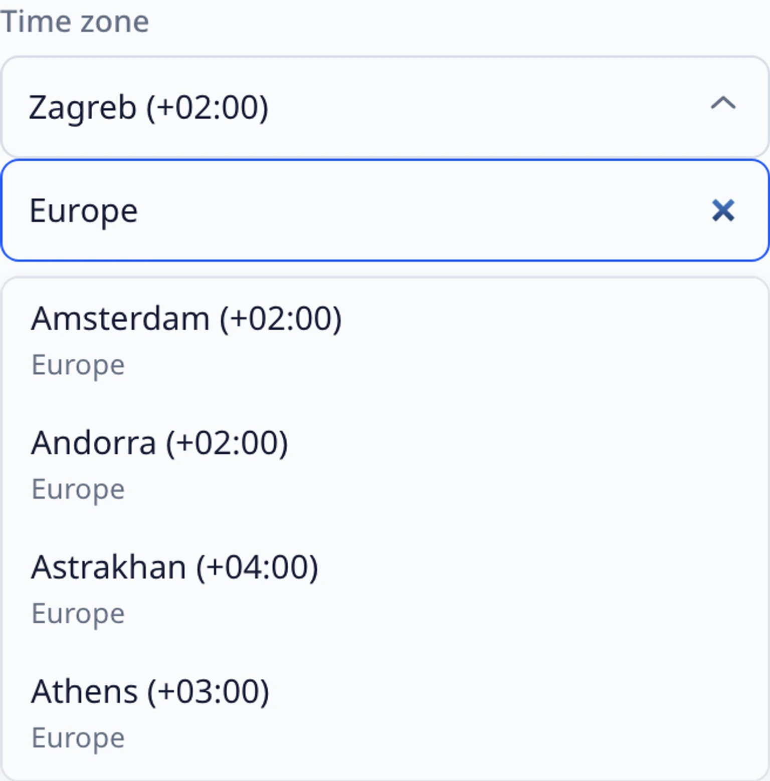 Book an appointment in the website widget: Choose a date, time and region, 3. Open the time zone selector and search by a region or city, for example Zagreb. Select the matching option with its current + or - hours, such as Zagreb (+02:00).