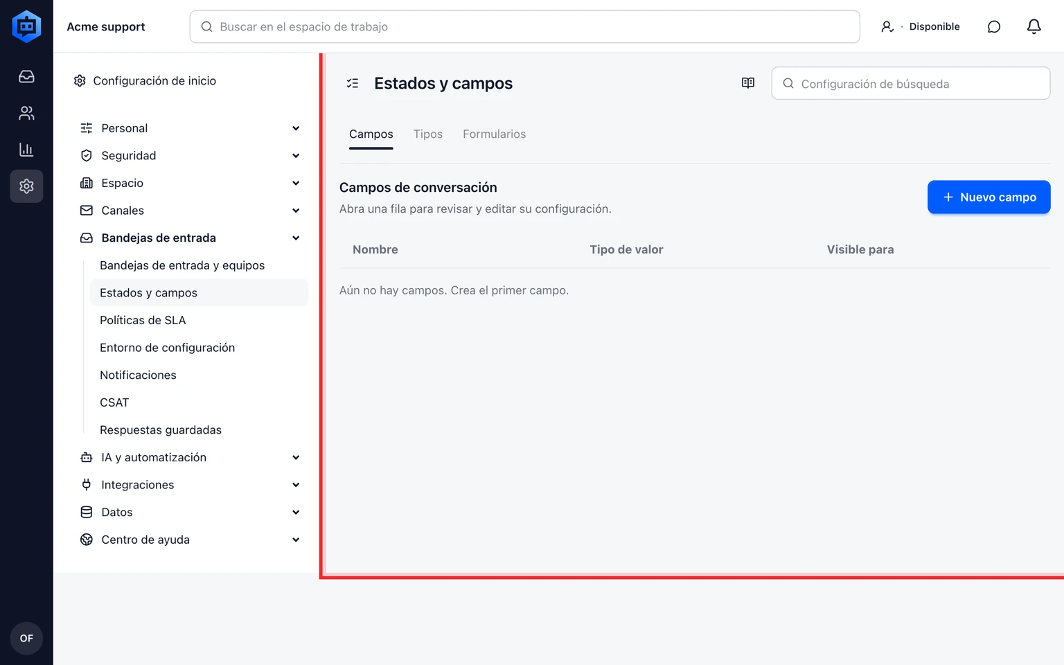 Configura campos, tipos y formularios de conversación: Crea un campo de conversación, 1. Abre Configuración > Bandejas > Estados y campos.