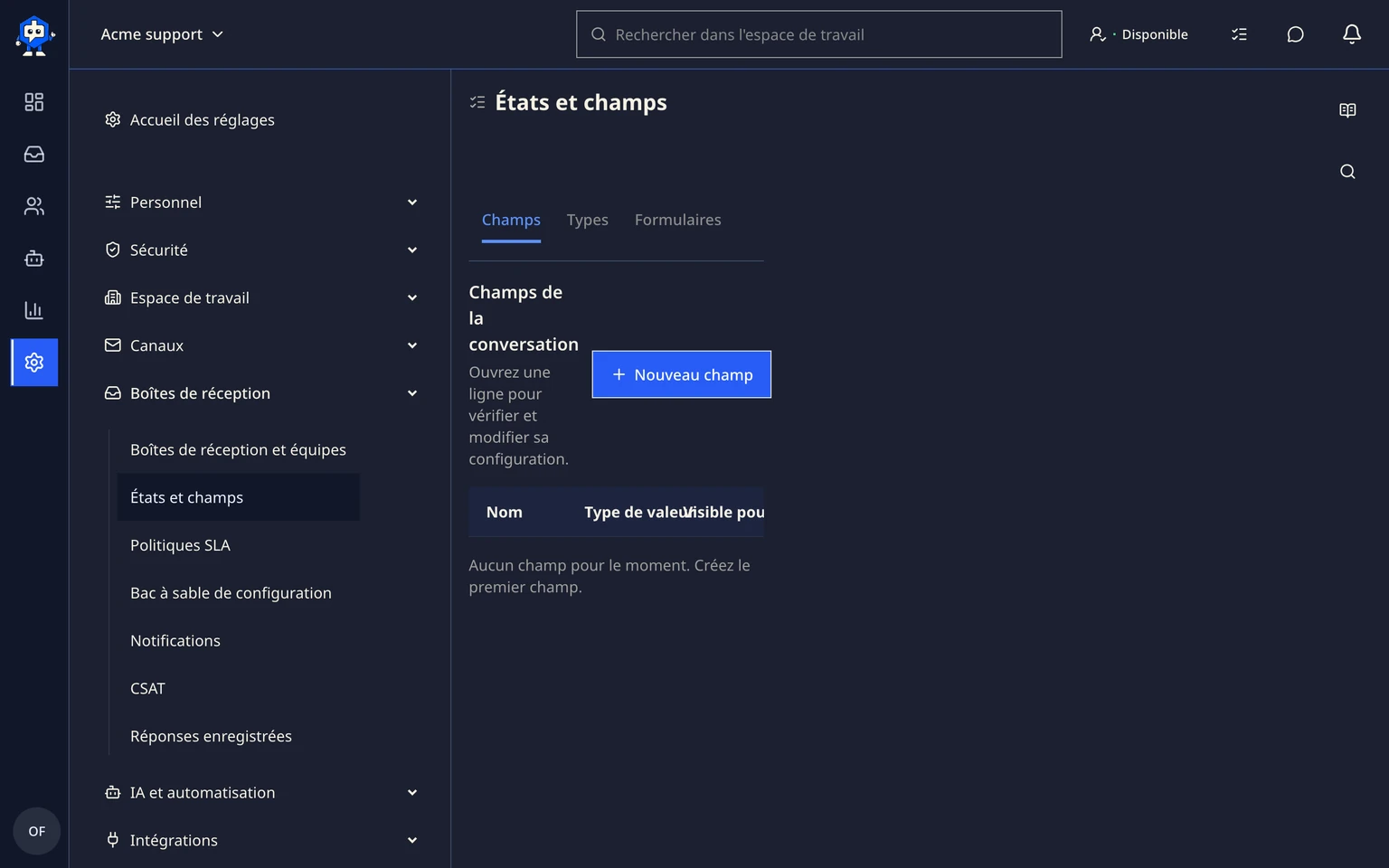 Configurer les champs, types et formulaires de conversation: Créer un champ de conversation, 1. Ouvrez Réglages > Boîte de réception > États et champs.
