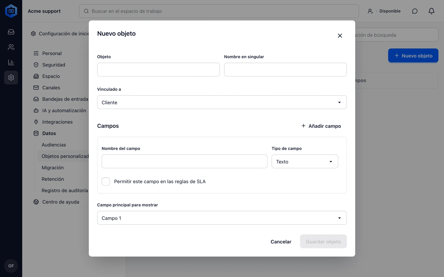 Configura objetos personalizados para soporte: Define un objeto útil