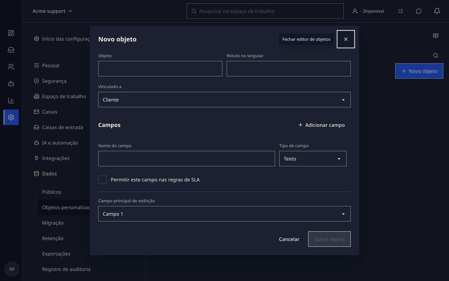 Configurar objetos personalizados para o suporte: Definir um objeto útil