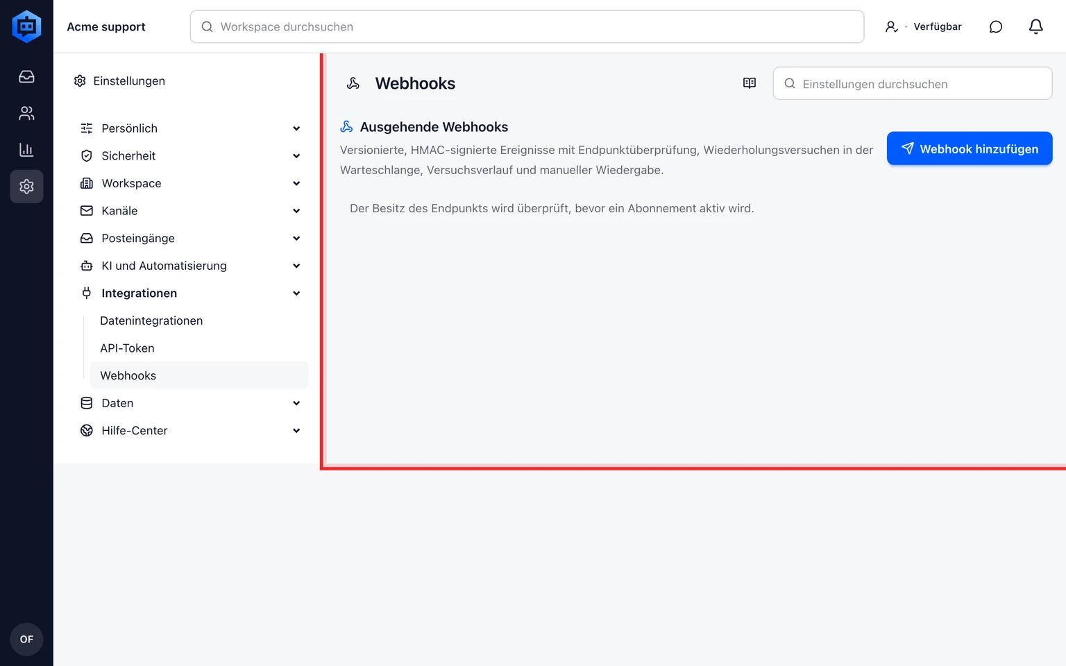 Ausgehende DobroDesk-Webhooks einrichten: Webhook hinzufügen und prüfen, 1. Öffnen Sie Verwaltung > Integrationen > Webhooks und wählen Sie Webhook hinzufügen.
