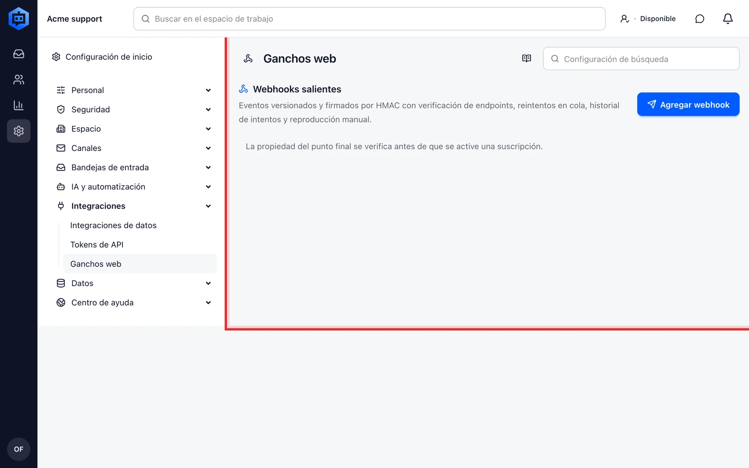 Configurar webhooks salientes de DobroDesk: Añade y verifica el webhook, 1. Abre Administración > Integraciones > Webhooks y selecciona Añadir webhook.