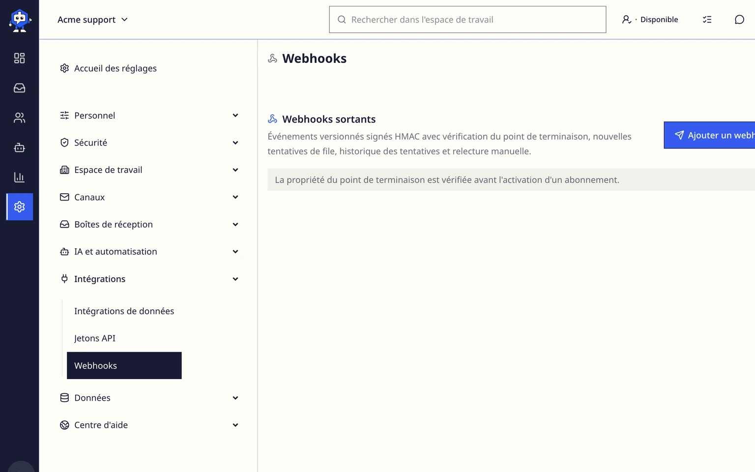Configurer les webhooks sortants de DobroDesk: Ajouter et vérifier le webhook, 1. Ouvrez Administration > Intégrations > Webhooks et choisissez Ajouter un webhook.