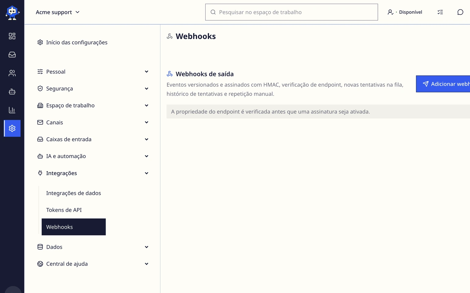 Configurar webhooks de saída do DobroDesk: Adicionar e verificar o webhook, 1. Abra Administração > Integrações > Webhooks e selecione Adicionar webhook.