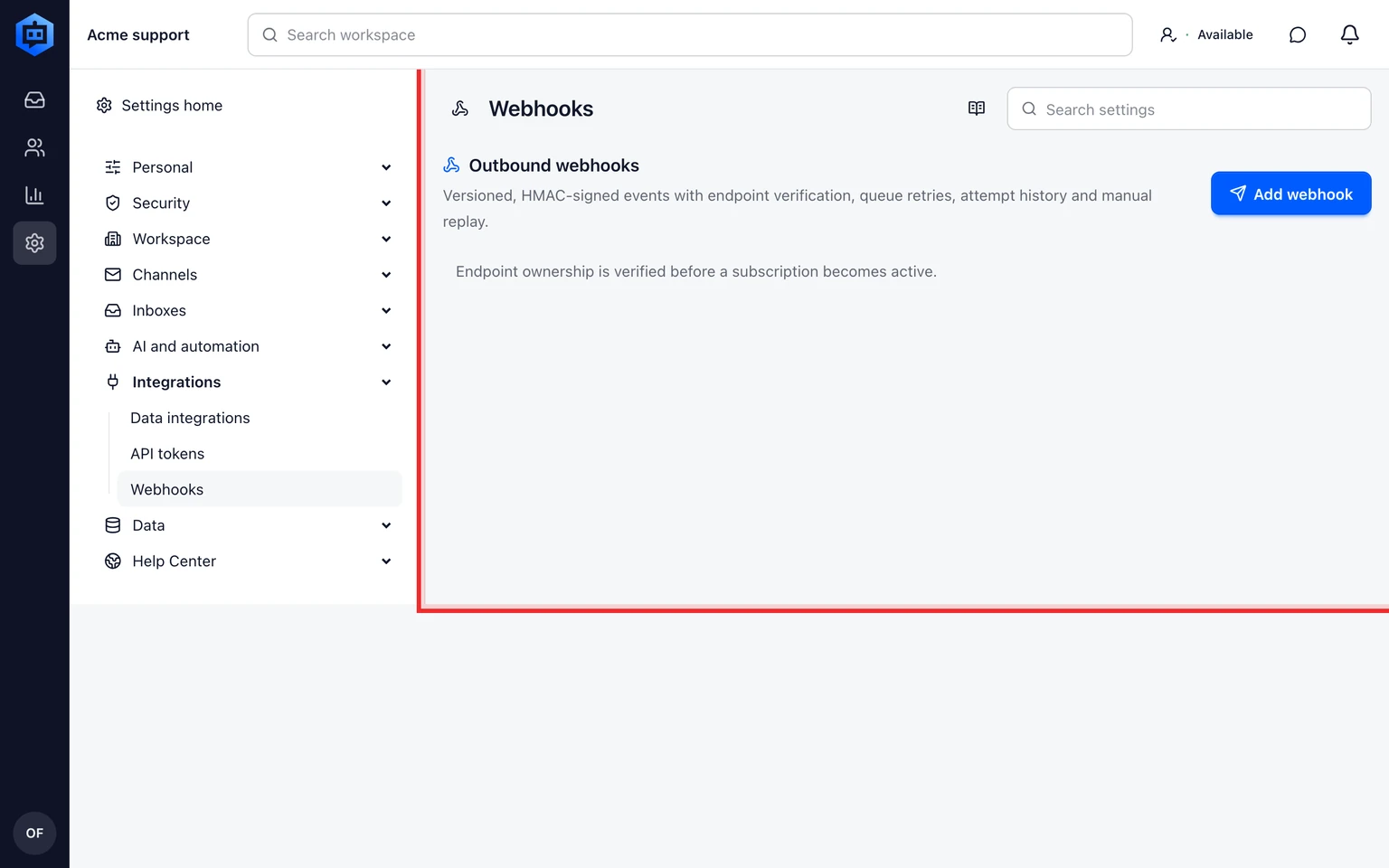 Configure DobroDesk outbound webhooks: Add and verify the webhook, 1. Open Admin > Integrations > Webhooks and select Add webhook.