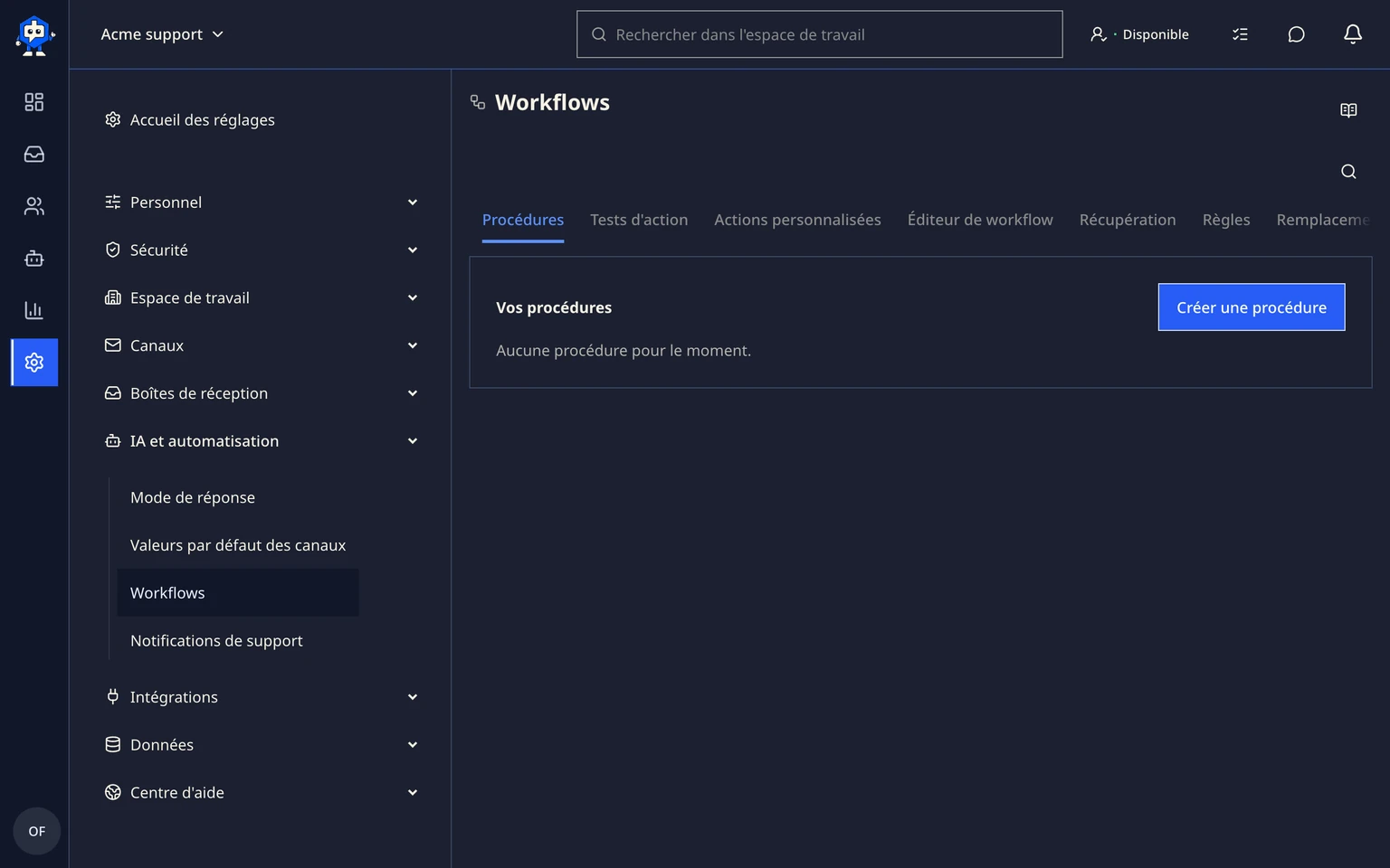 Configurer les procédures et les actions: Créer une procédure
