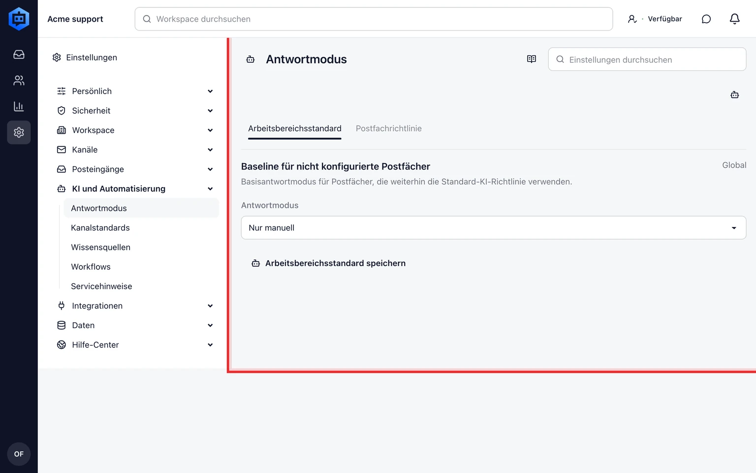 KI-Antwortautomatisierung konfigurieren: Antwortmodus nach Geltungsbereich festlegen, 1. Öffnen Sie Einstellungen > KI und Automatisierung > Antwortmodus.