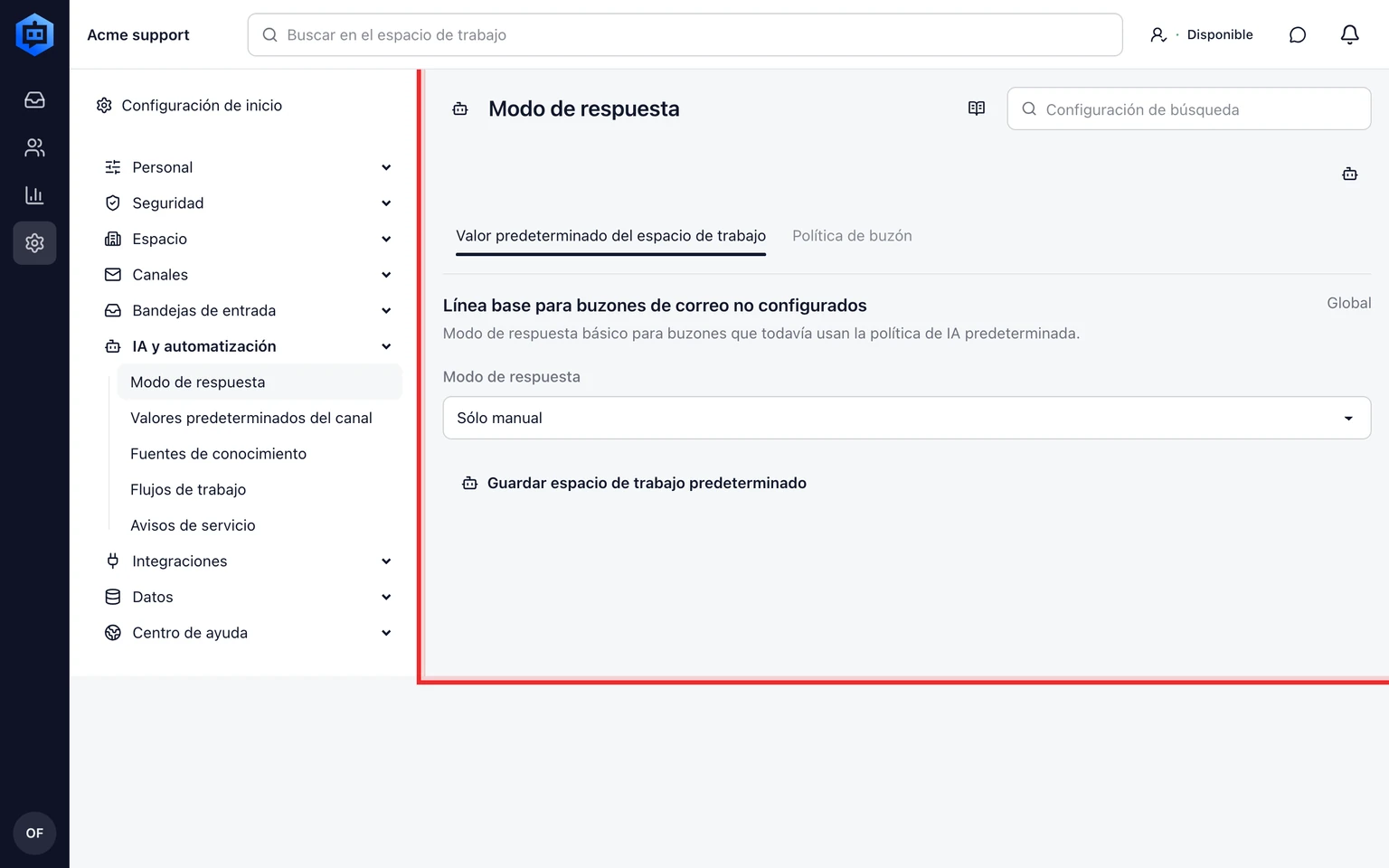 Configura la automatización de respuestas con IA: Define el modo por alcance, 1. Abre Configuración > IA y automatización > Modo de respuesta.