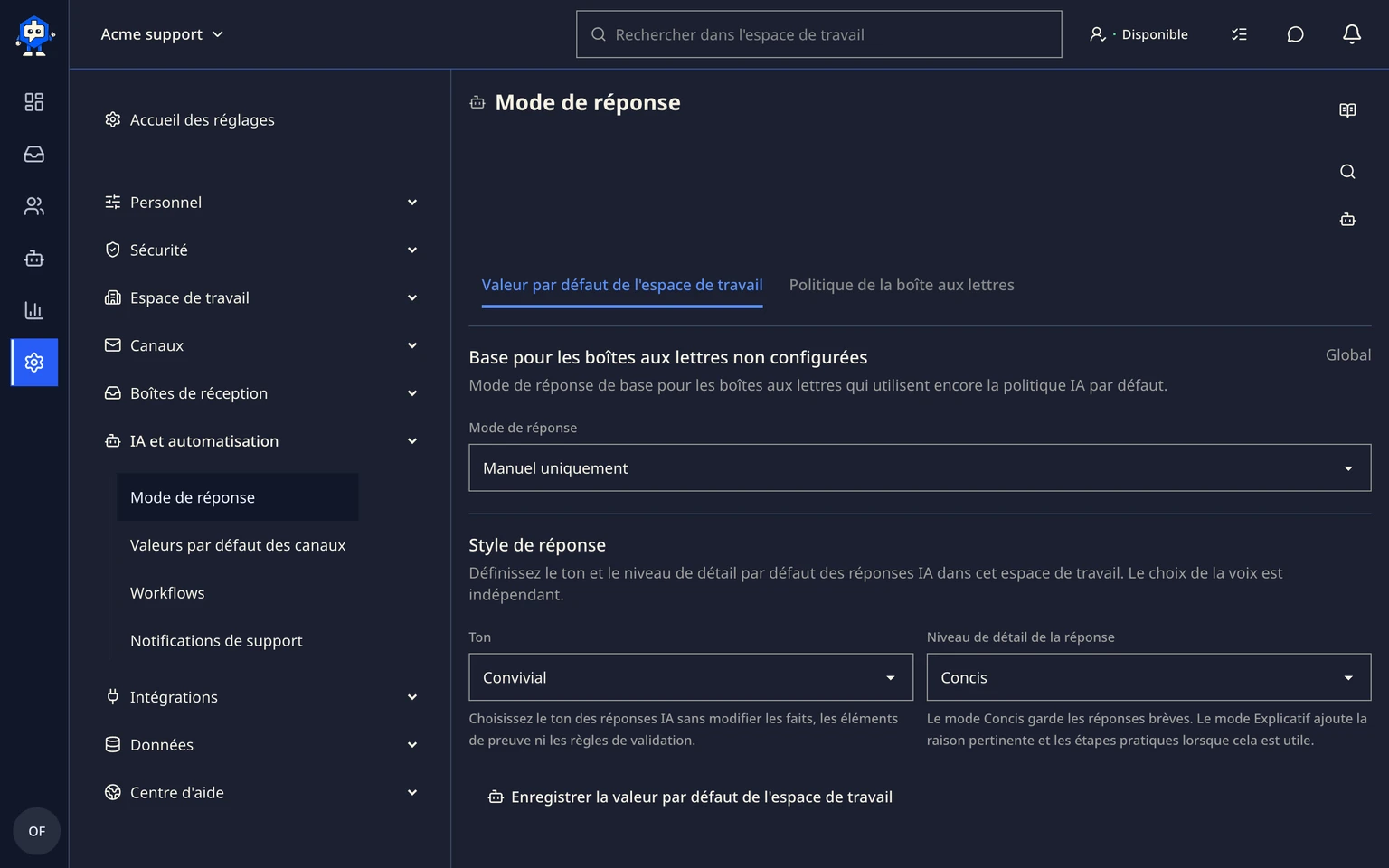 Configurer l'automatisation des réponses IA: Définir le mode de réponse par portée, 1. Ouvrez Réglages > IA et automatisation > Mode de réponse.