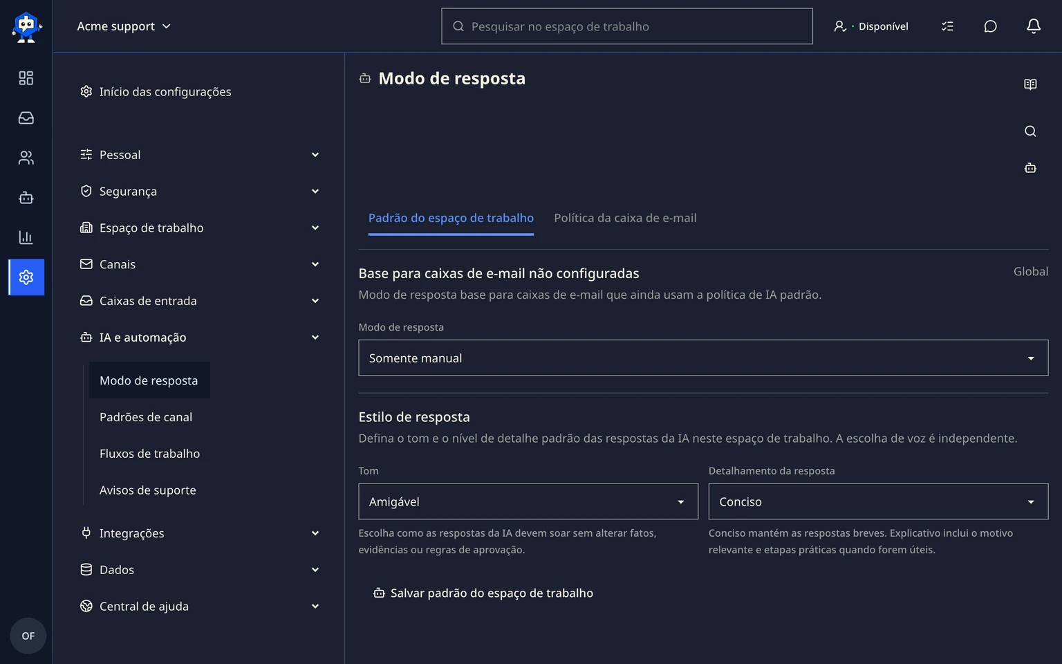 Configurar a automação de respostas da IA: Definir o modo de resposta por escopo, 1. Abra Configurações > IA e automação > Modo de resposta.