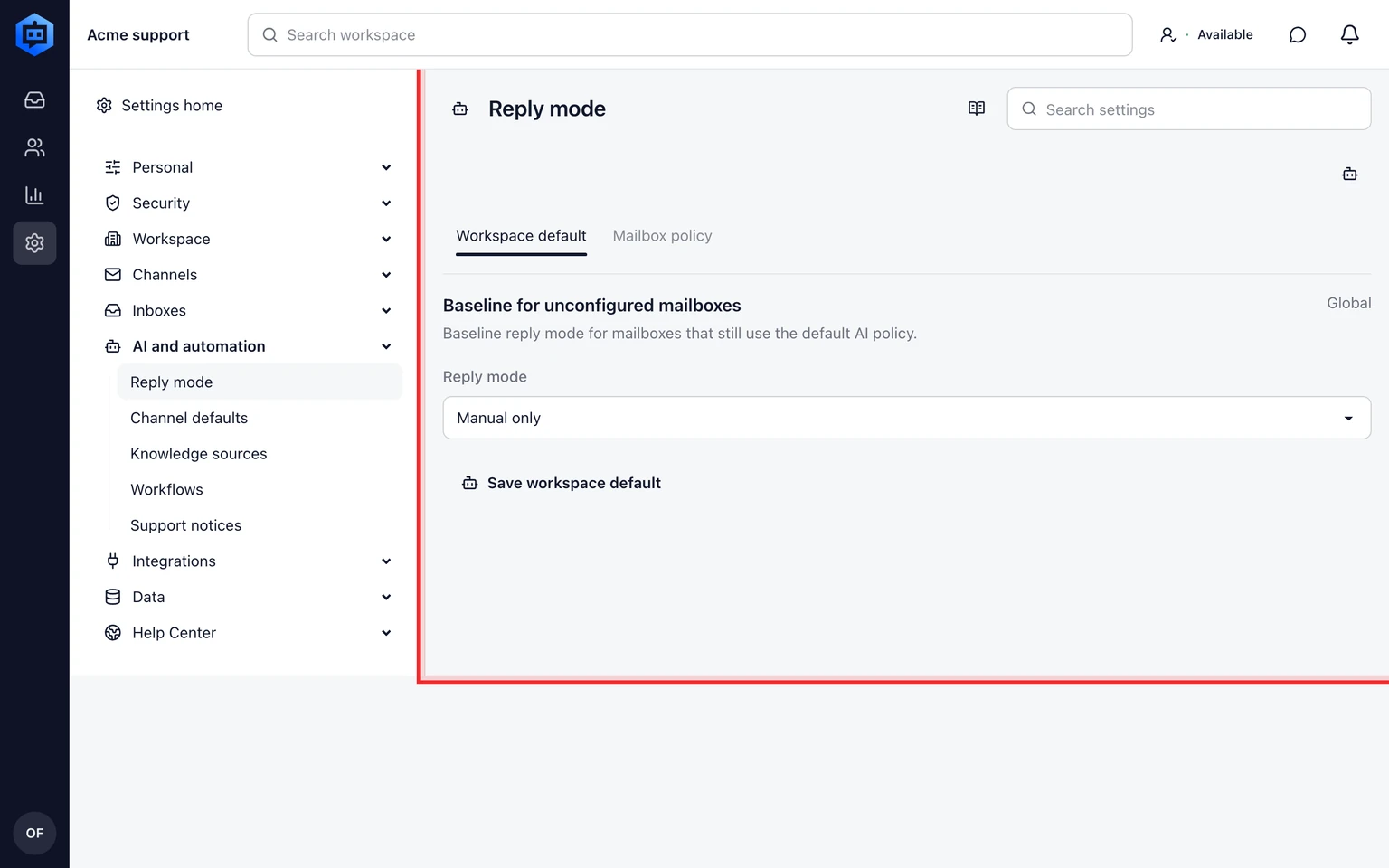 Configure AI reply automation: Set the reply mode by scope, 1. Open Settings > AI & Automation > Reply mode.