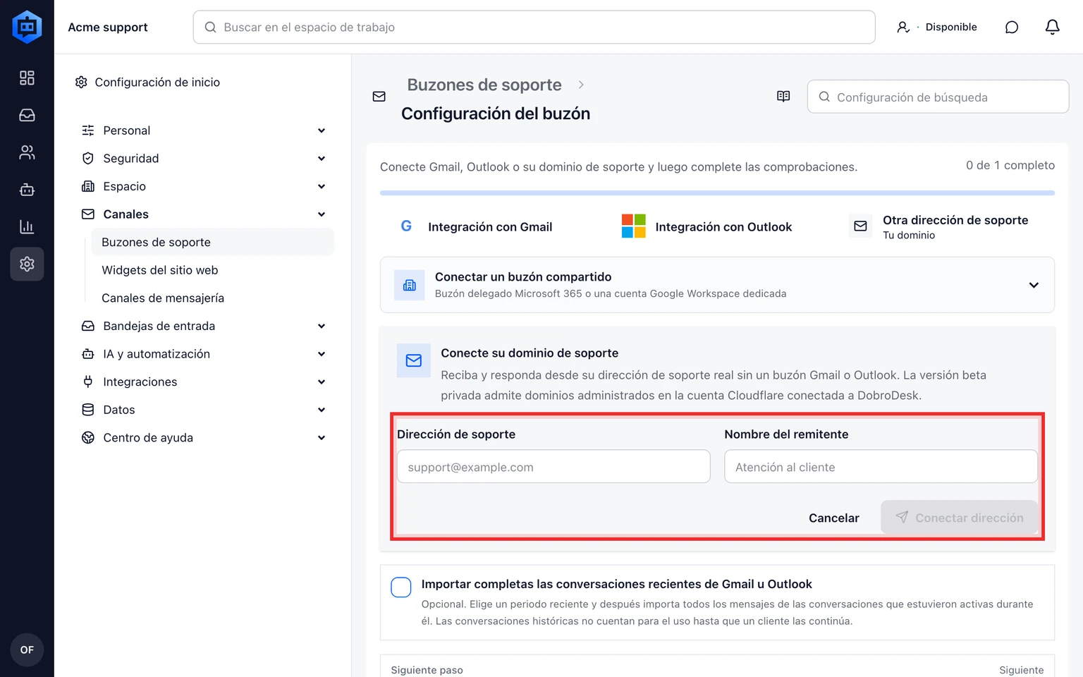 Conecta una dirección de tu dominio: Solicita el dominio de soporte, 1. Abre Administración > Canales > Buzones de soporte y selecciona Otra dirección de soporte.
