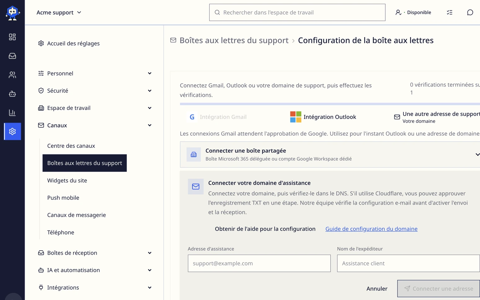 Connecter une adresse de votre domaine: Demander le domaine d'assistance, 1. Ouvrez Administration > Canaux > Boîtes e-mail d'assistance, puis choisissez Autre adresse d'assistance.