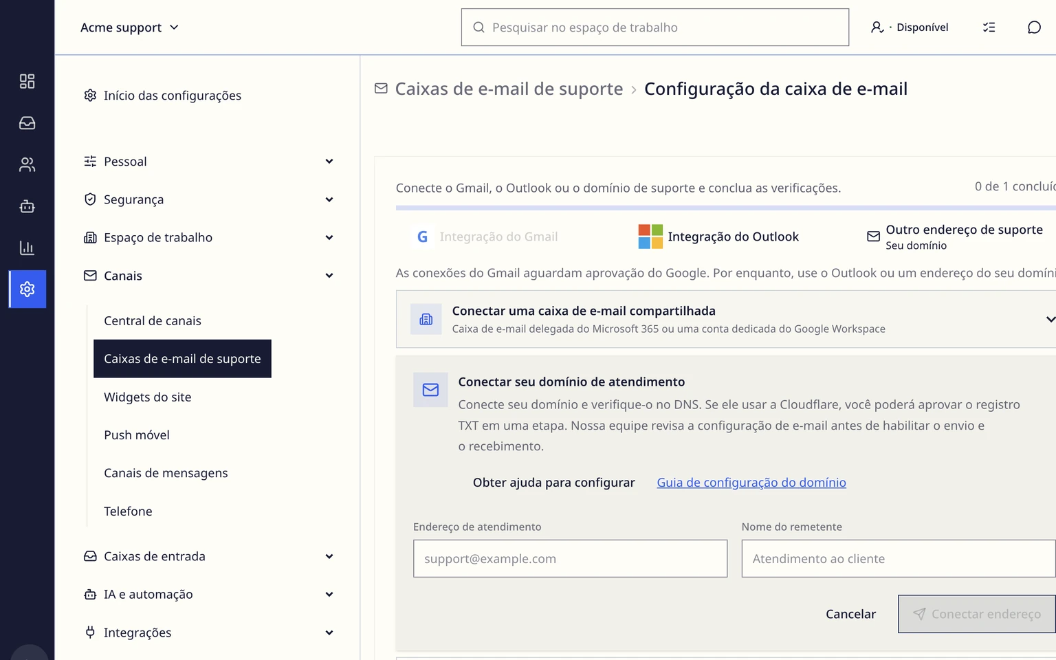 Conectar um endereço do seu domínio: Solicitar o domínio de suporte, 1. Abra Administração > Canais > Caixas de e-mail de suporte e escolha Outro endereço de suporte.