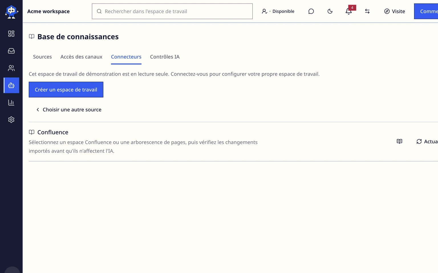 Connecter les connaissances Confluence: Connecter un site Confluence, 1. Ouvrez Réglages > IA et automatisation > Sources de connaissances.