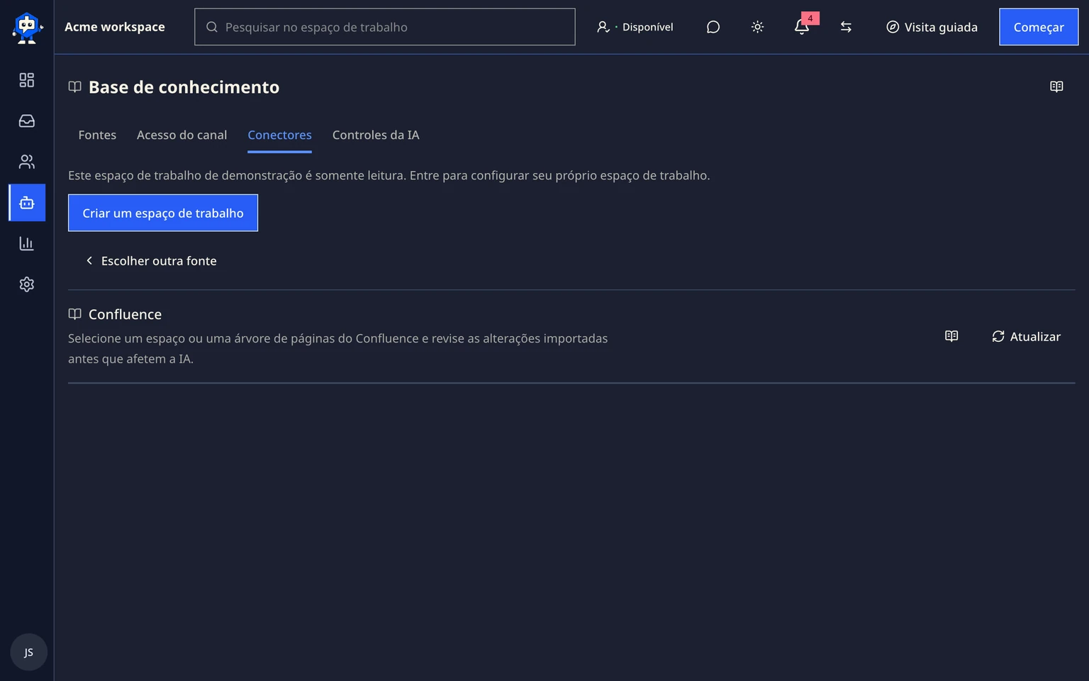 Conectar conhecimento do Confluence: Conectar um site do Confluence, 1. Abra Configurações > IA e automação > Fontes de conhecimento.