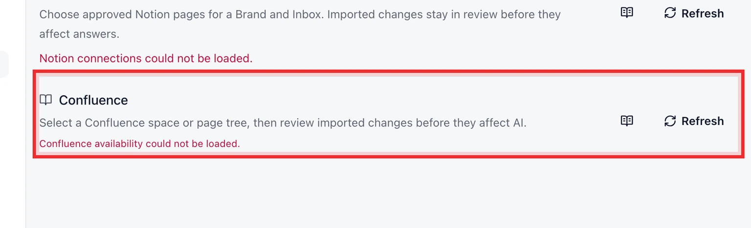 Connect Confluence knowledge: Connect a Confluence site, 1. Open Settings > AI & Automation > Knowledge sources.