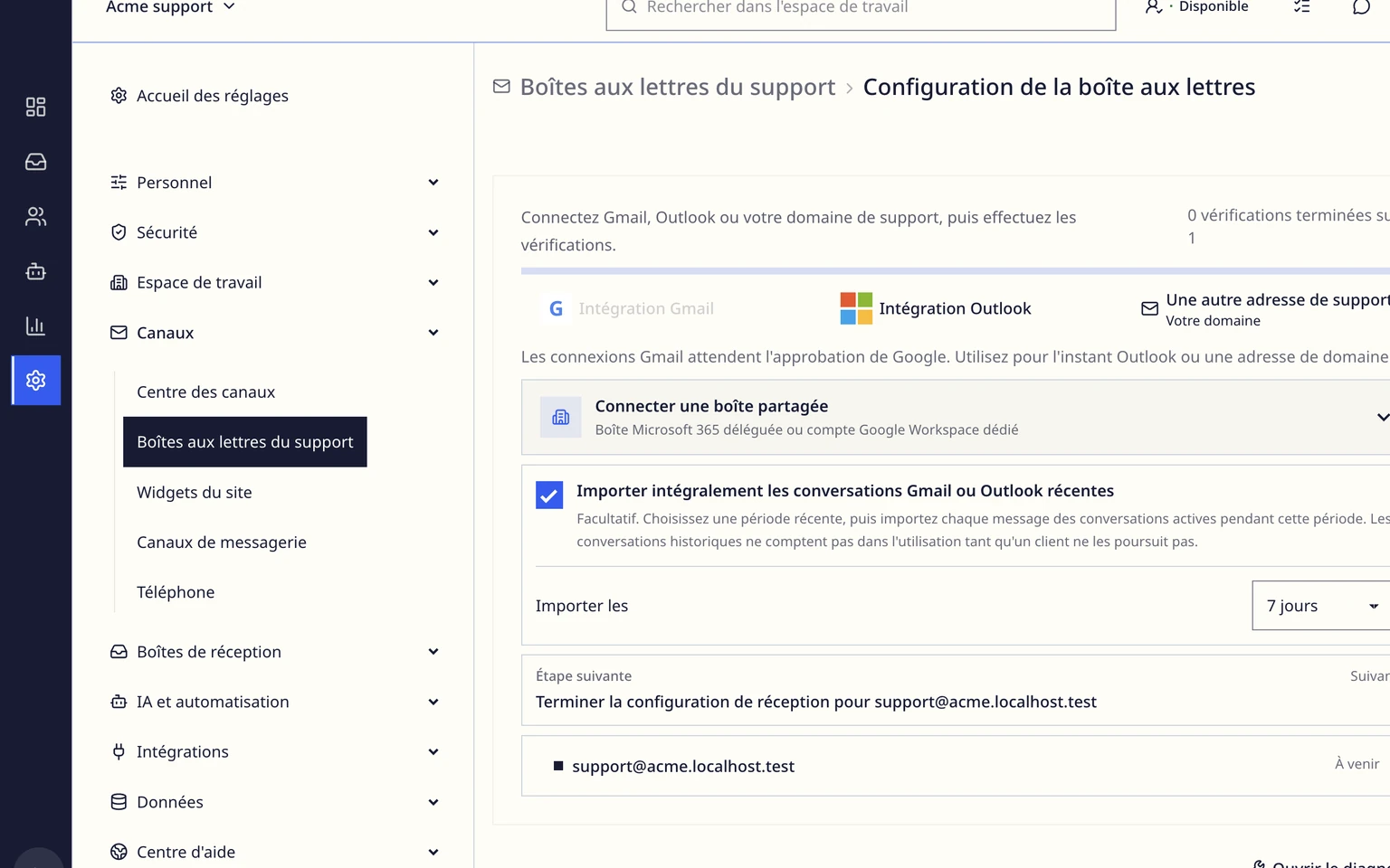 Connecter Gmail ou Google Workspace: Importer le contexte client récent pendant la configuration