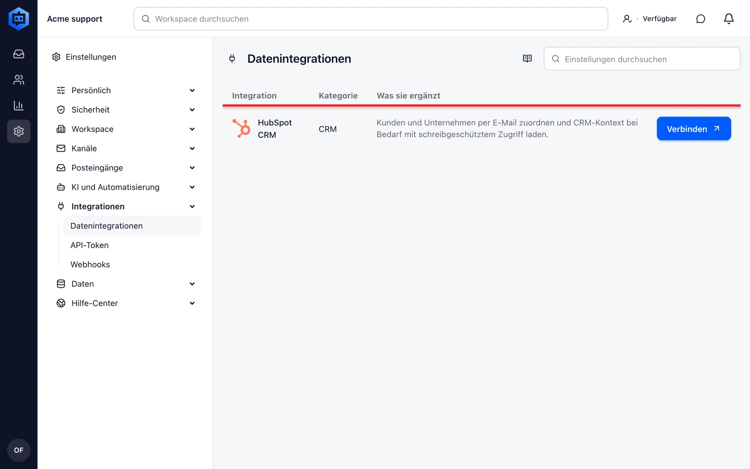 HubSpot-Kundendaten verbinden: HubSpot verbinden, 1. Öffnen Sie Einstellungen > Integrationen > Datenintegrationen und wählen Sie HubSpot CRM.