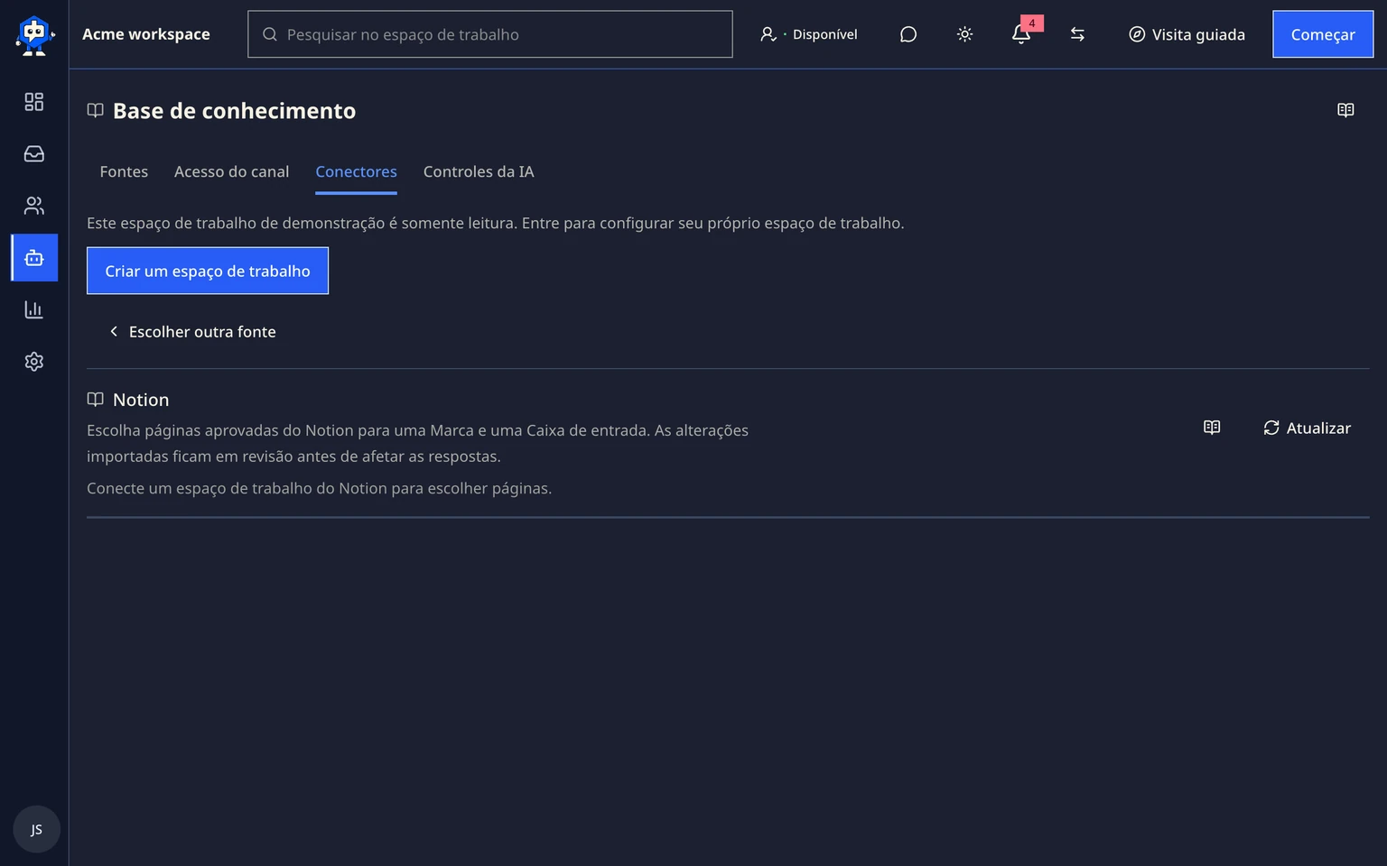 Conectar conhecimento do Notion: Conectar um espaço de trabalho do Notion, 1. Abra Configurações > IA e automação > Fontes de conhecimento.