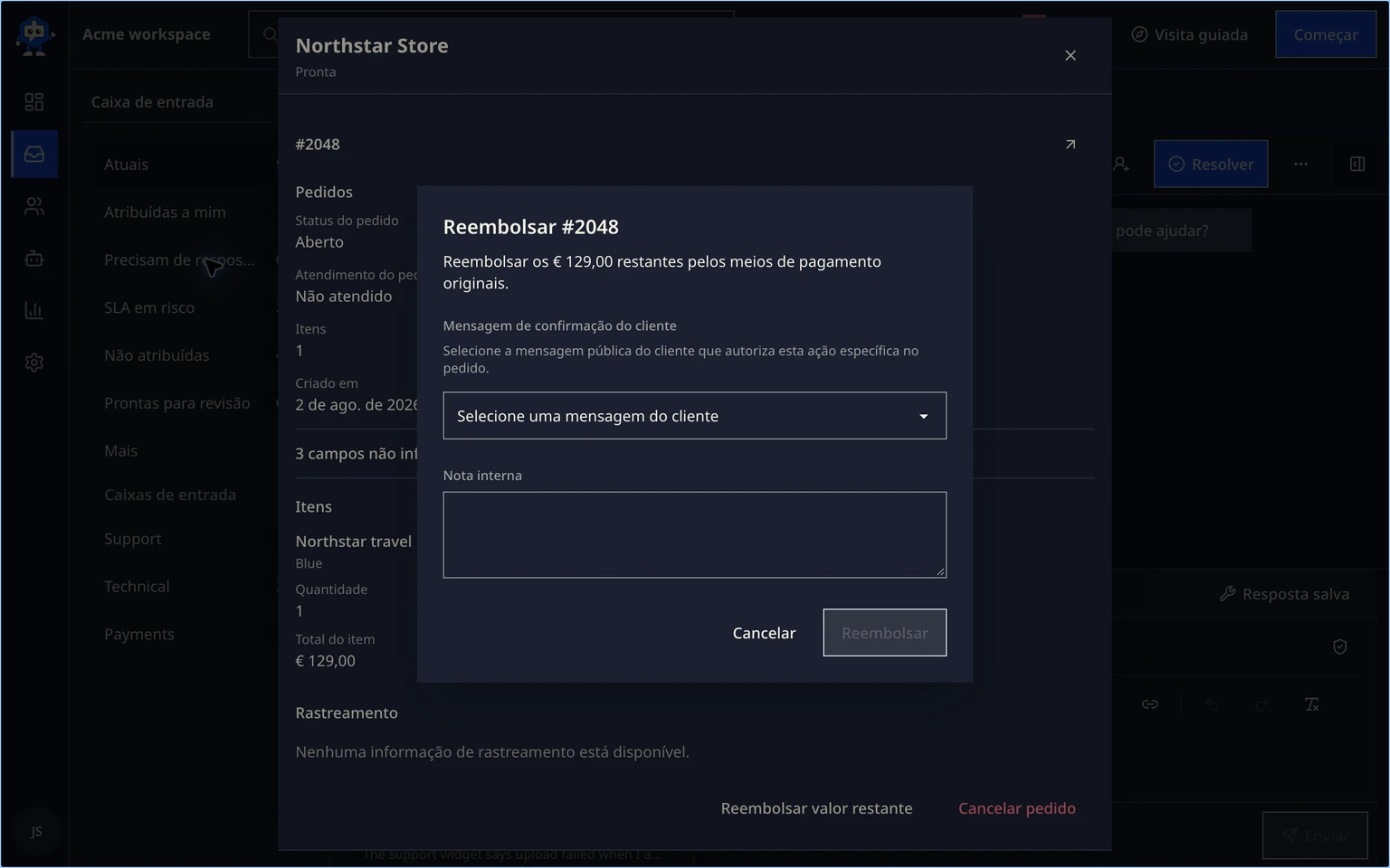 Conectar dados de clientes do Shopify: Reembolsar ou cancelar um pedido