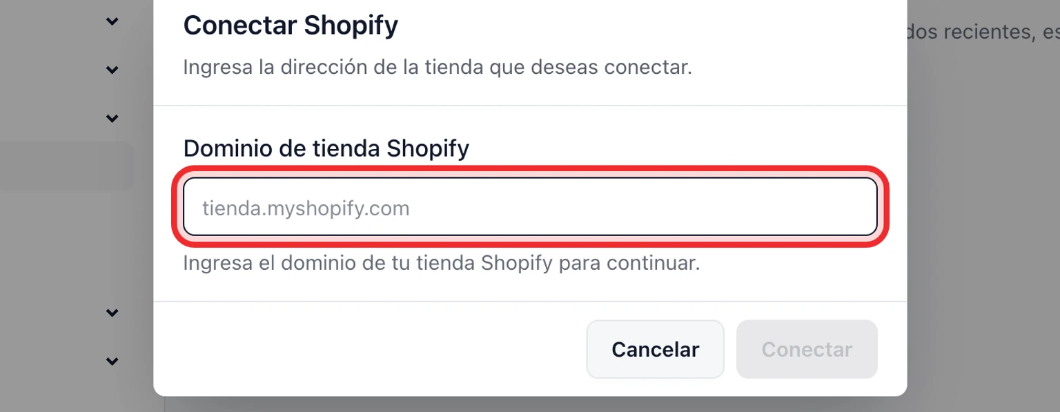 Conecta datos de clientes de Shopify: Conecta Shopify, 2. En Shopify, introduce el dominio exacto de la tienda .myshopify.com, por ejemplo store.myshopify.com, y elige Conectar.