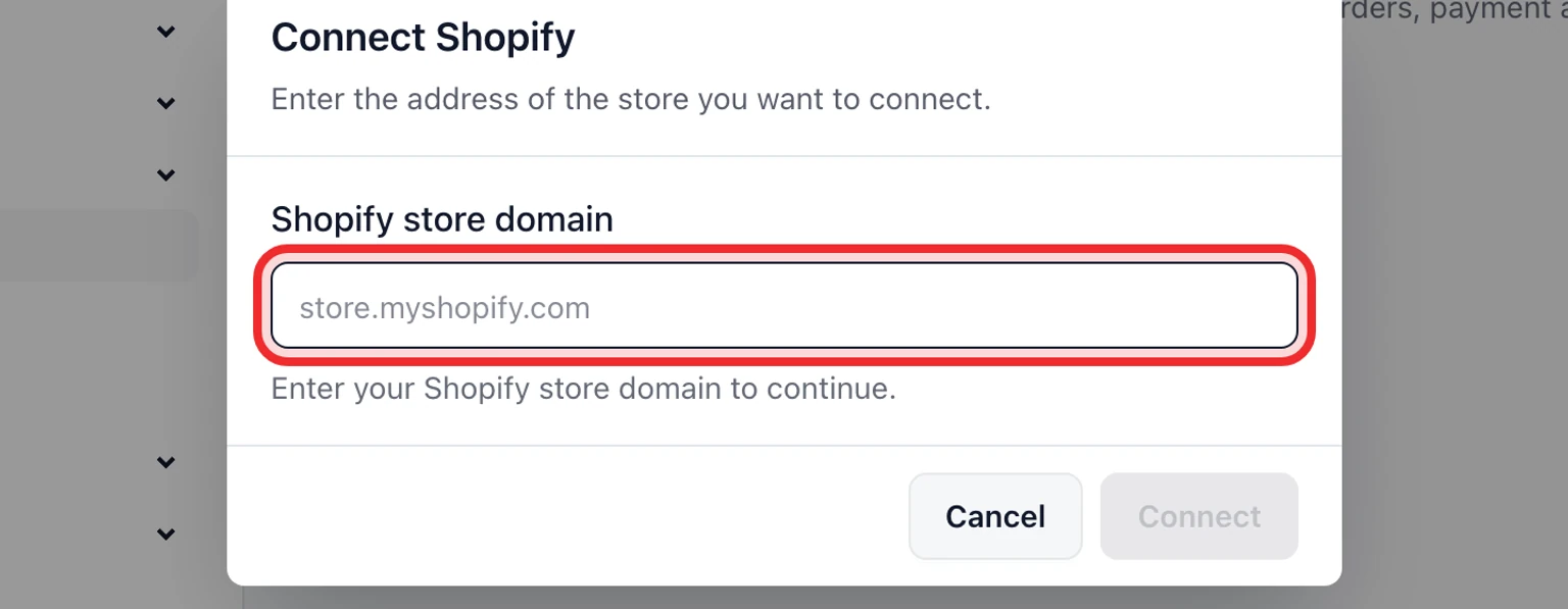 Connect Shopify customer data: Connect Shopify, 2. Under Shopify, enter the exact .myshopify.com store domain, such as store.myshopify.com, then choose Connect.