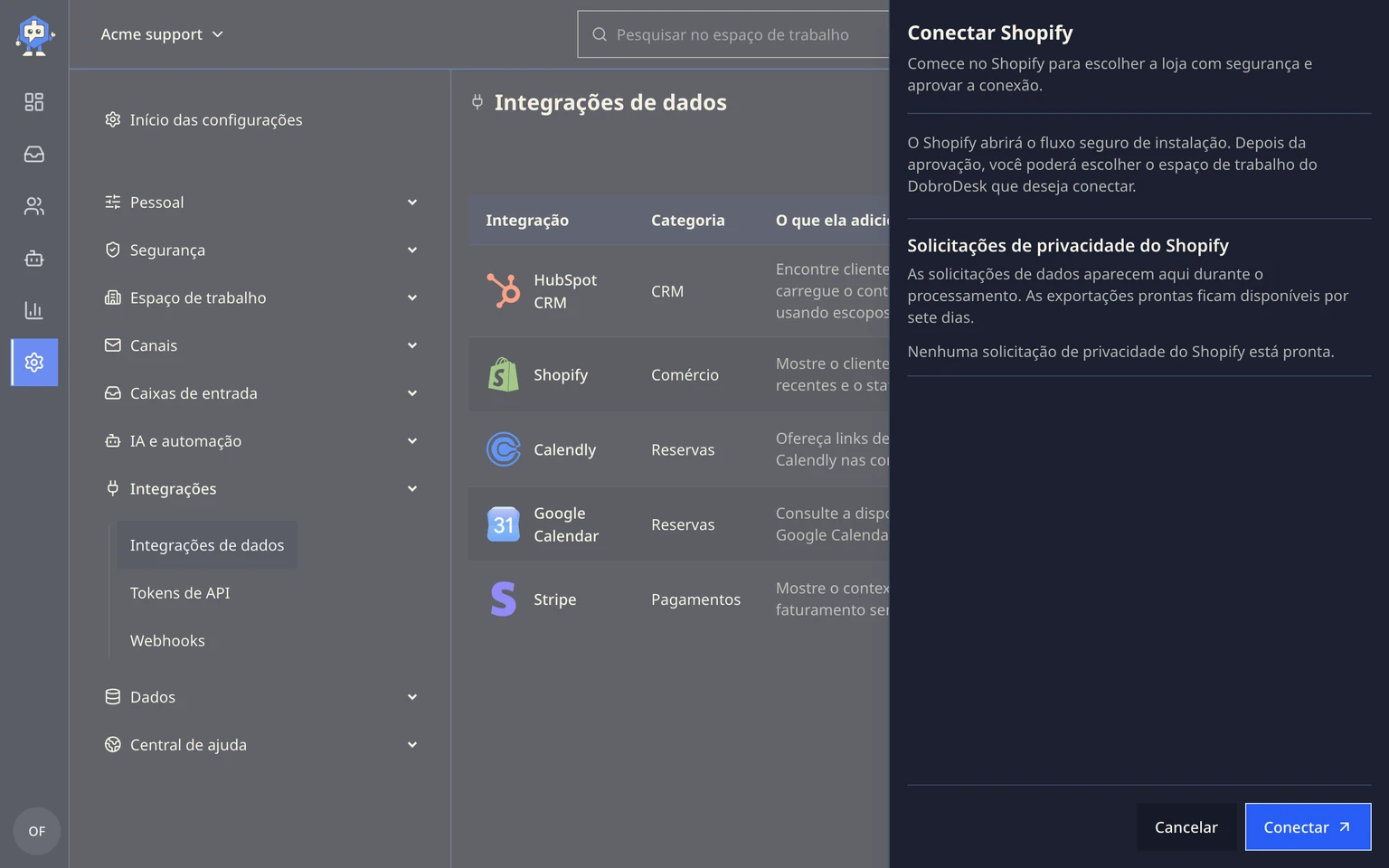 Conectar dados de clientes do Shopify: Conectar o Shopify, 2. Em Shopify, escolha Conectar e continue pelo fluxo de instalação da App Store do Shopify. O Shopify seleciona a loja e pede que você aprove o acesso a clientes, pedidos e devoluções.