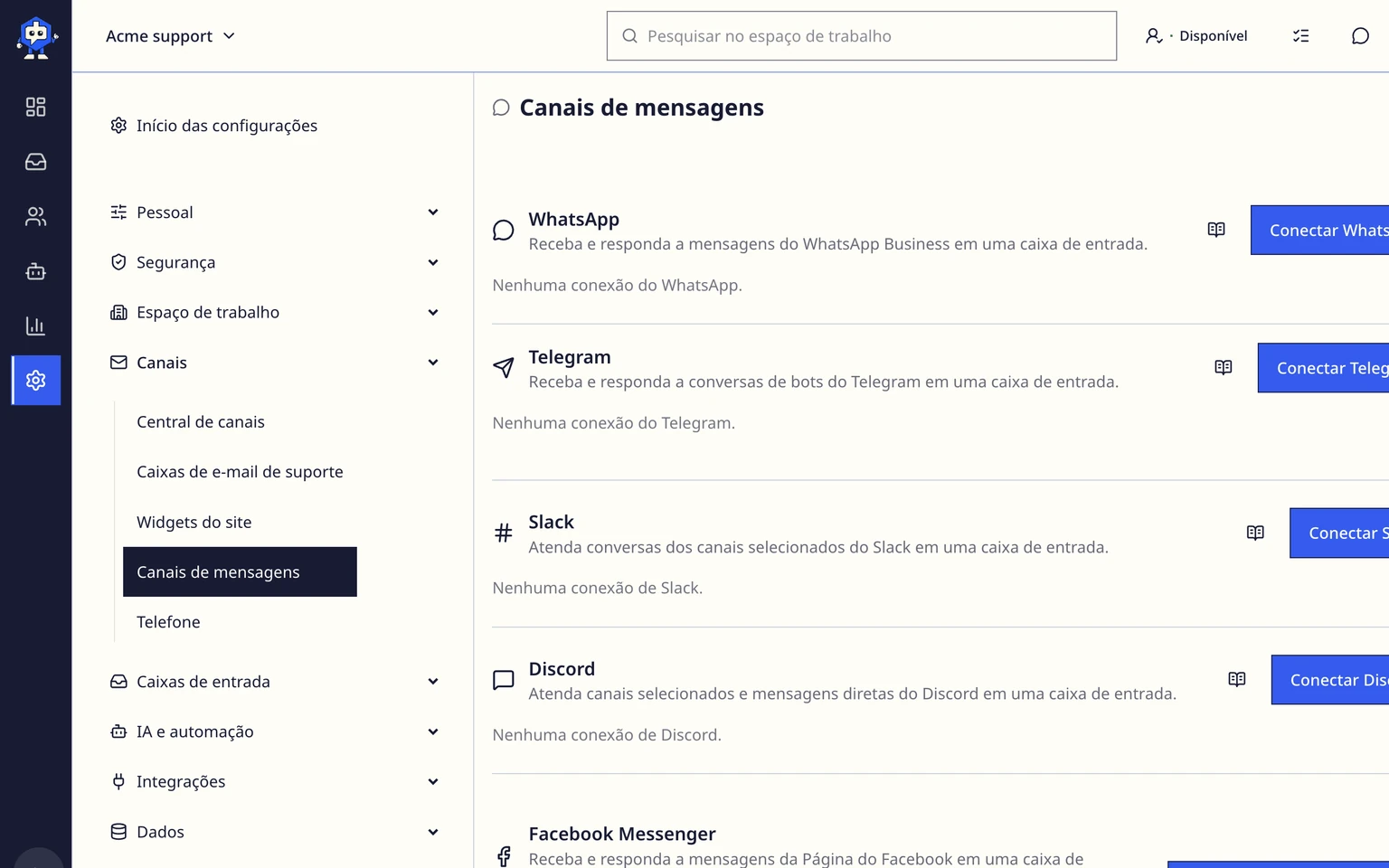 Conectar um canal de suporte do Telegram: Conectar o bot do Telegram, 1. Abra Administração > Canais > Canais de mensagens e escolha Conectar Telegram.