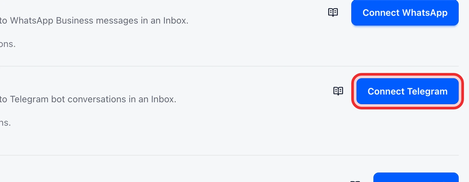 Connect a Telegram support channel: Connect the Telegram bot, 1. Open Admin > Channels > Messaging channels and select Connect Telegram.