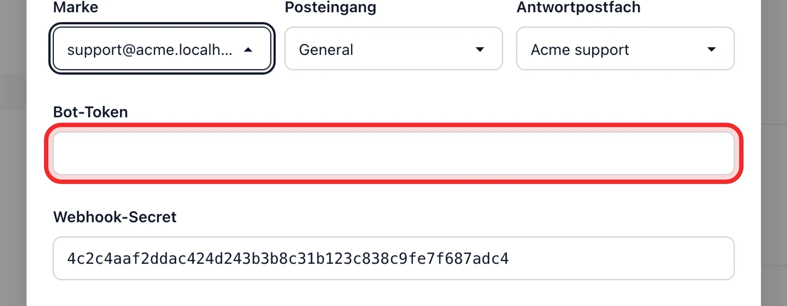 Telegram-Supportkanal verbinden: Telegram-Bot verbinden, 3. Fügen Sie das Bot-Token ein und bewahren Sie das erzeugte Webhook-Secret auf.