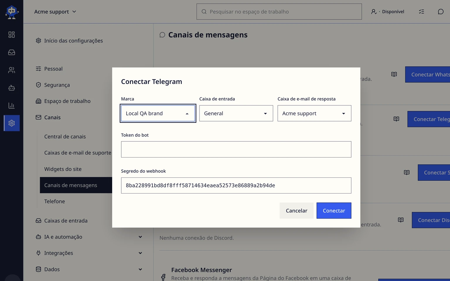 Conectar um canal de suporte do Telegram: Conectar o bot do Telegram, 3. Cole o token do bot e guarde o segredo de webhook gerado.