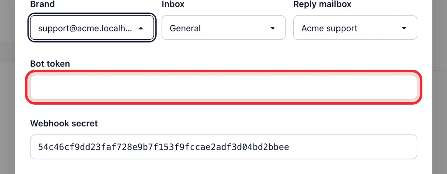 Connect a Telegram support channel: Connect the Telegram bot, 3. Paste the Bot token and keep the generated Webhook secret.