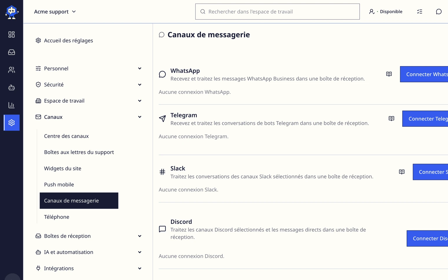 Connecter un canal d'assistance WhatsApp: Enregistrer la connexion WhatsApp, 1. Ouvrez Administration > Canaux > Canaux de messagerie, puis choisissez Connecter WhatsApp.